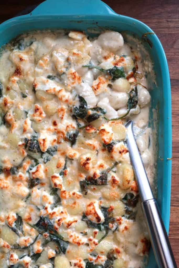 Baked Gnocchi with Goat Cheese and Spinach.