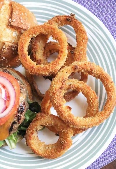 Oven-Fried Onion Rings with a Burger