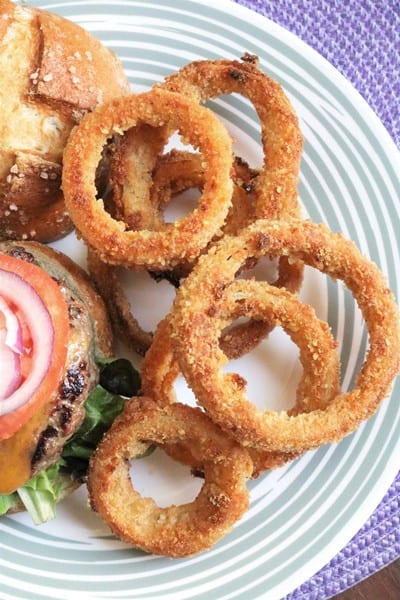 Oven-Fried Onion Rings with a Burger