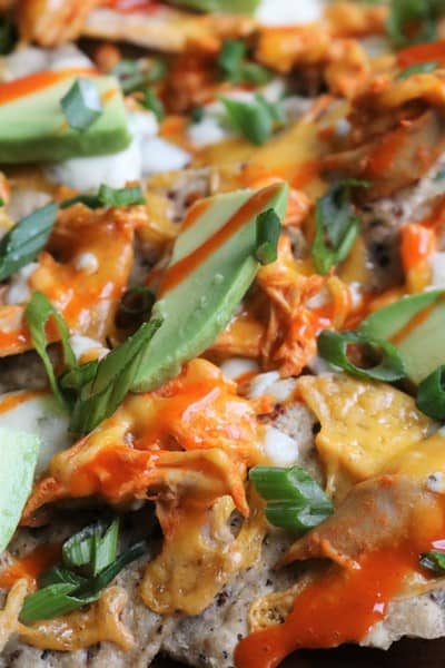 Layered buffalo chicken nachos