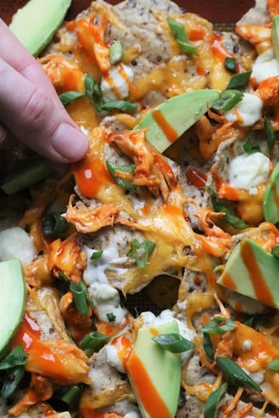 Nachos with buffalo chicken, cheddar and blue cheese