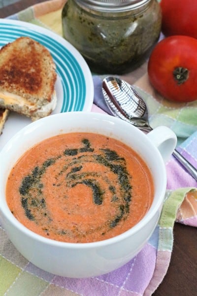 Creamy Tomato Basil Bisque with Pesto Swirl #soupseason