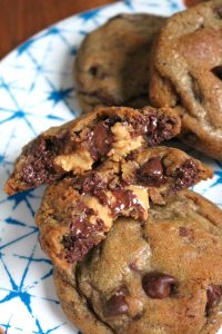 Gooey Peanut Butter Stuffed Chocolate Chip Cookies.