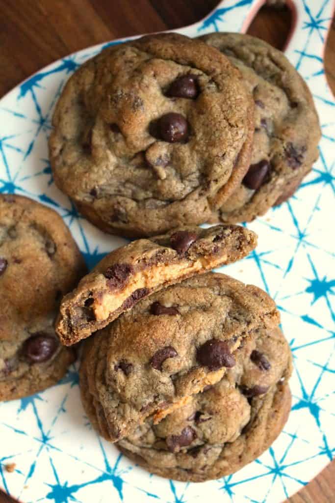 Plate of Peanut Butter Stuffed Chocolate Chip Cookies.