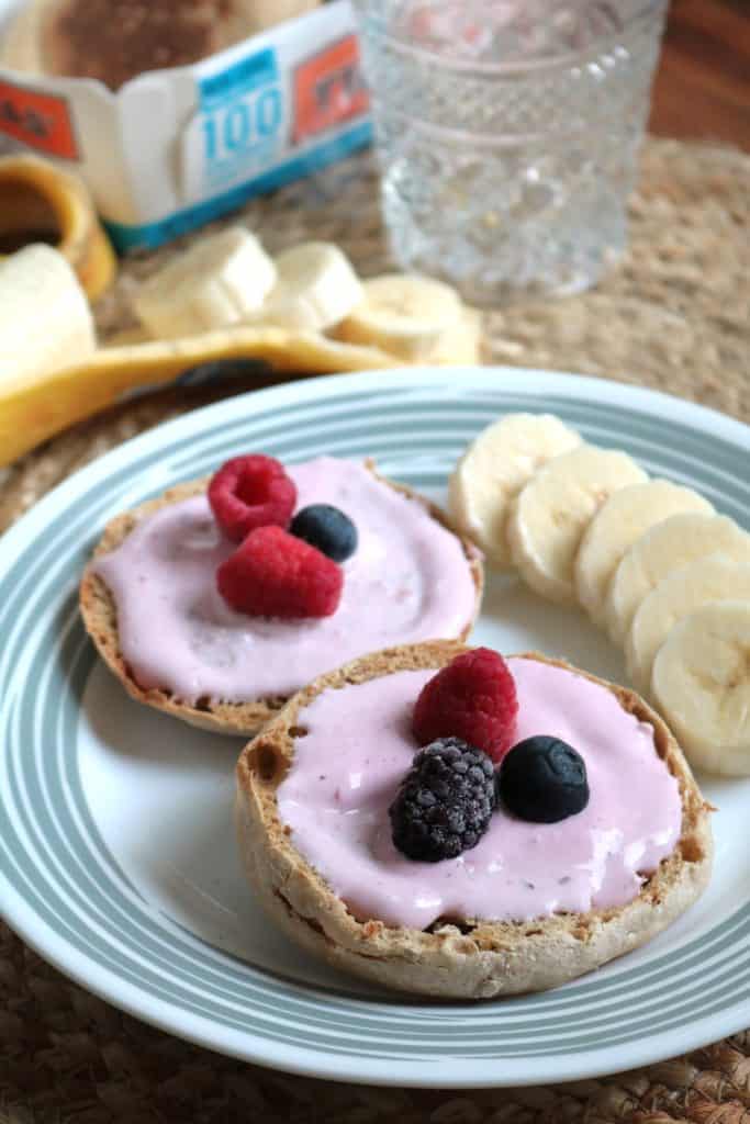 Creamed Berry Cheese Spread on English Muffins.