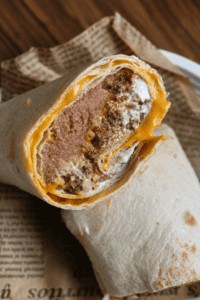 Cross-Section of Homemade Taco Bell Beefy 5-Layer Burritos.