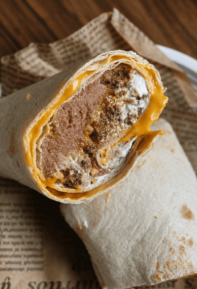 Cross-Section of Homemade Taco Bell Beefy 5-Layer Burritos.