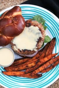Apple Maple Turkey Burgers with Maple-Dijonnaise and Sweet Potato Fries.