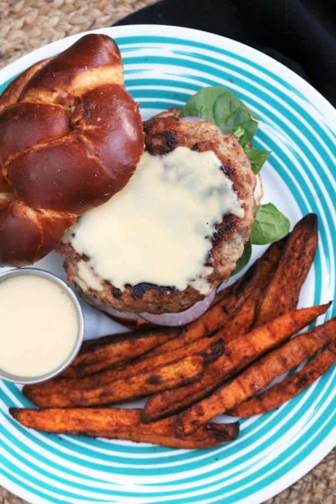 Apple Maple Turkey Burgers with Maple-Dijonnaise and Sweet Potato Fries.
