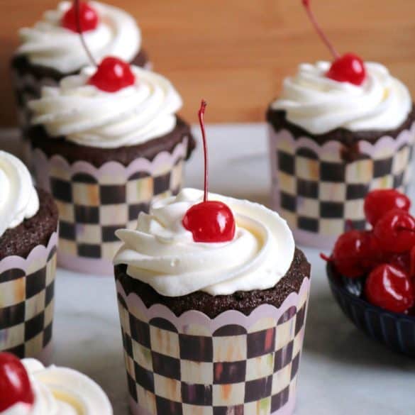 Black Forest Stuffed Cupcakes with a Cherry on top.