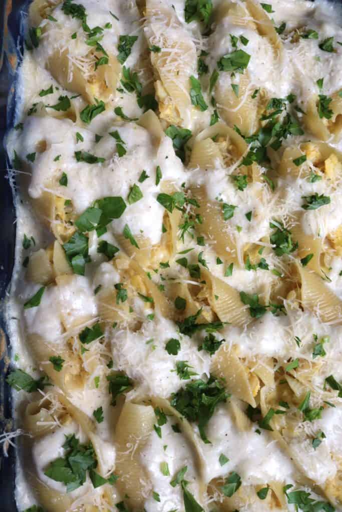 Heart Stuffed Shells in a Ricotta Sauce.