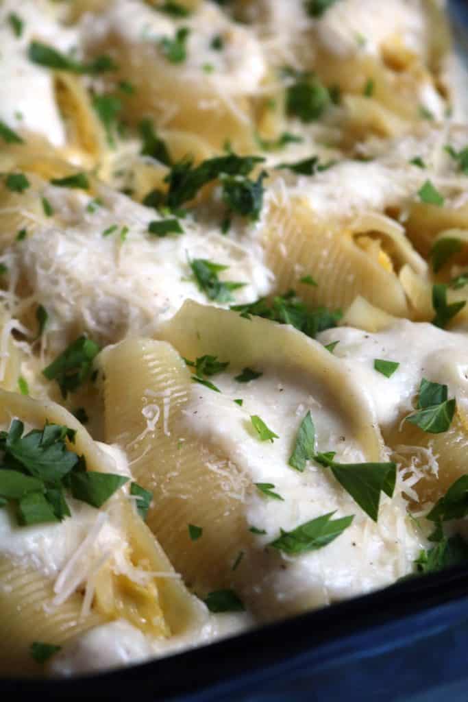 Meatless Artichoke Heart Stuffed Shells in a Ricotta Cream Sauce.