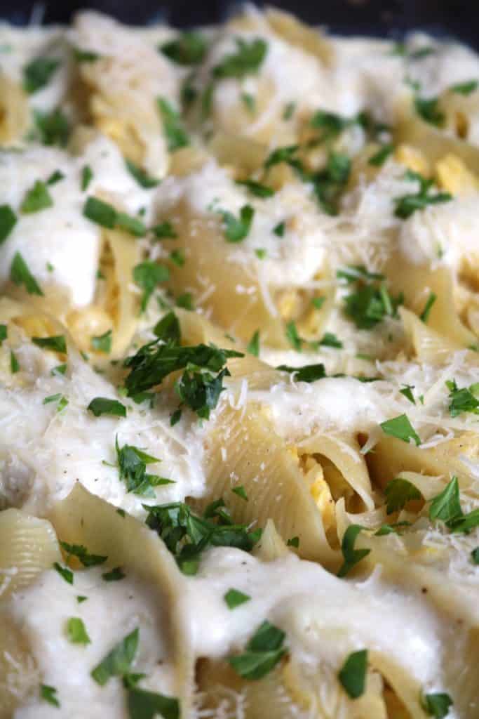 Artichoke Heart Stuffed Shells in a Ricotta Cream Sauce.