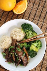 Orange Beef with Broccoli and Rice.