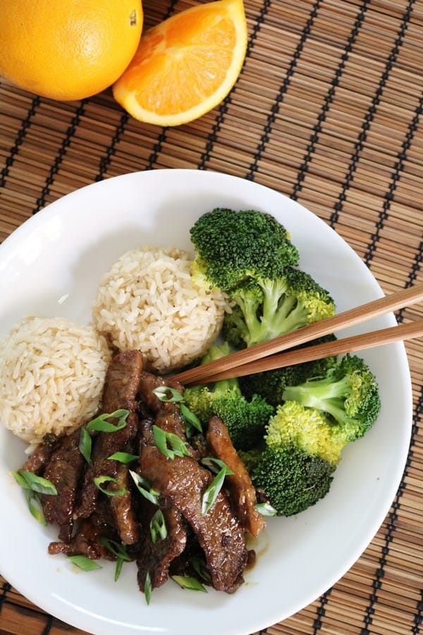 Orange Beef with Broccoli and Rice.
