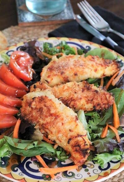 Coconut Breaded Chicken Tender Salad with Apricot Honey Mustard Vinaigrette