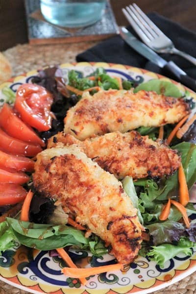 Coconut Breaded Chicken Tender Salad with Apricot Honey Mustard Vinaigrette