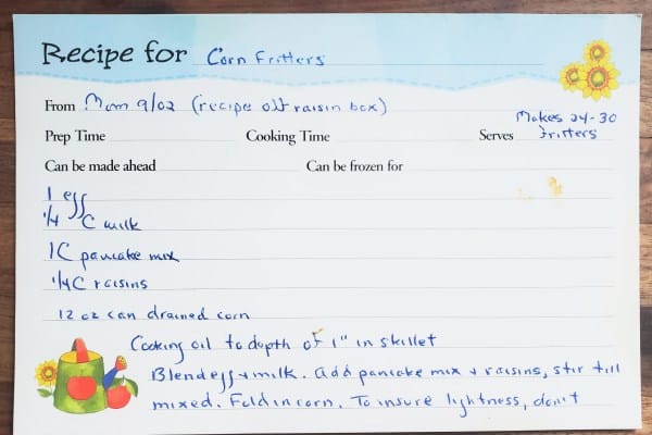 Mom's Corn Fritter Recipe Card Ingredients