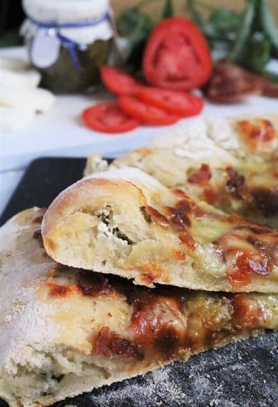 Tomato-Pesto Pizza with Basil and Goat Cheese Stuffed Crust #pizzanight