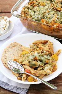 Vegetarian Penne with Eggplant and Pesto.