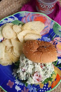 Chick'amole Salad Sandwich with Potato Chips.