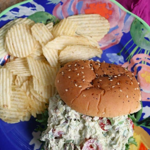 Chick'amole Salad Sandwich with Potato Chips.