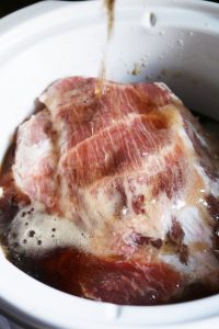 Pork cooked with Root Beer in a Slow Cooker.