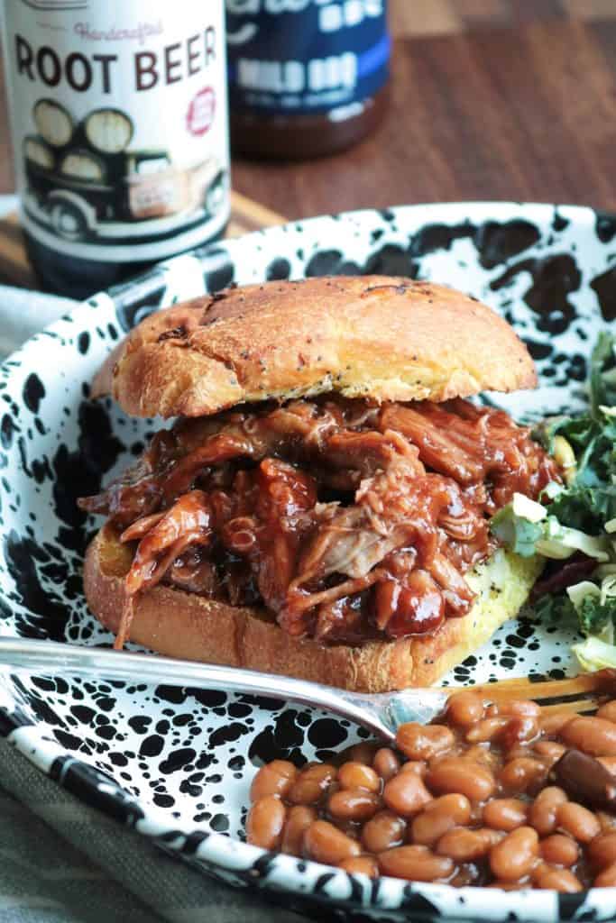 Root Beer Pulled Pork Sandwiches on a Plate.