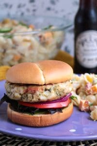 Pesto Turkey Burgers Stuffed with Feta.