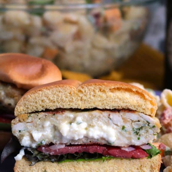 Feta Stuffed Pesto Turkey Burgers.