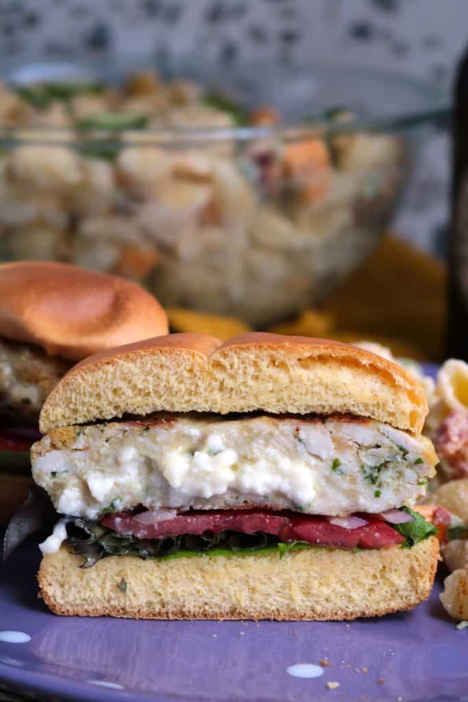 Feta Stuffed Pesto Turkey Burgers.