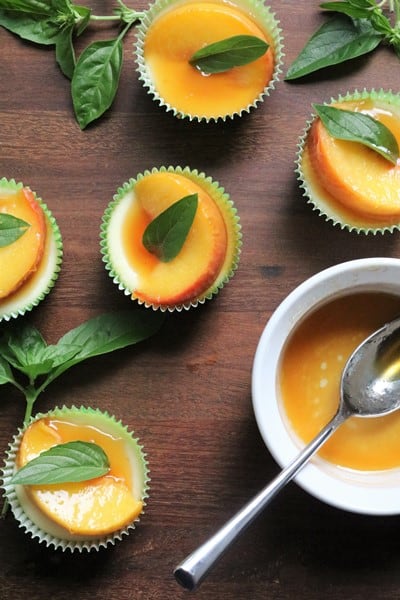 Goat Cheese Cheesecake with Basil Roasted Peaches #minicheesecake