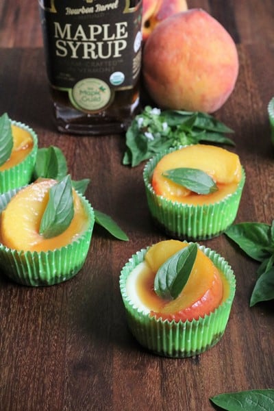 Mini Goat Cheesecakes topped with Basil Roasted Peaches