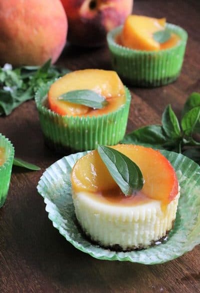Goat Cheese Cheesecake with Basil Roasted Peaches #peachcheesecake