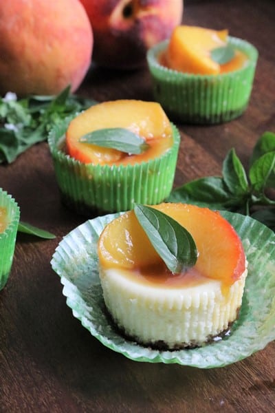 Goat Cheese Cheesecake with Peaches Goat Cheese Cheesecake with Basil Roasted Peaches #peachcheesecake