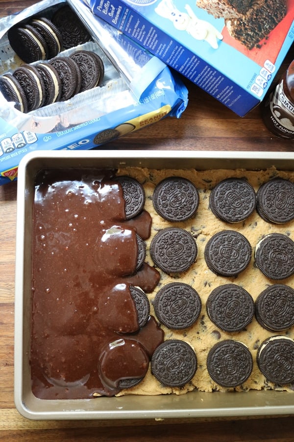 Chocolate Chip Cookie and Peanut Butter Oreo Fudge Brownie Bar