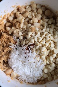 Ingredients for White Chocolate Coconut Chili Macadamia Nut Cookies.