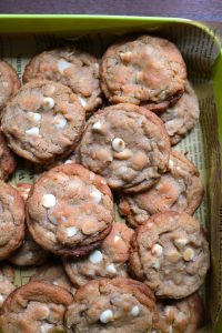 Tray of White Chocolate Coconut Chili Macadamia Nut Cookies.
