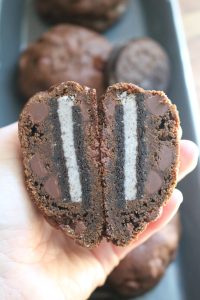 Oreo Stuffed Double Chocolate Chip Cookies.