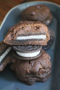 Stack of Oreo Stuffed Chocolate Cookies.