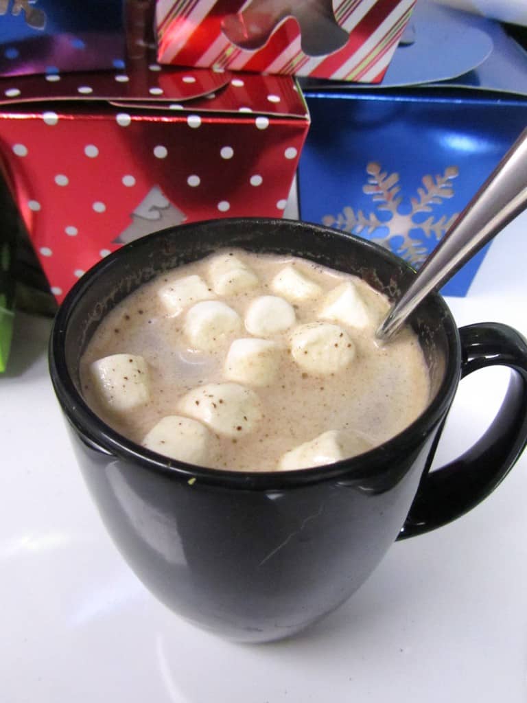 Salted Caramel Hot Chocolate in a mug topped with marshmallows.