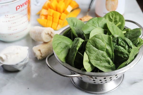 Spinach and ingredients for the Green Monster Spinach Smoothie