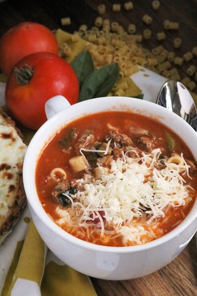 Lasagna Soup topped with cheese