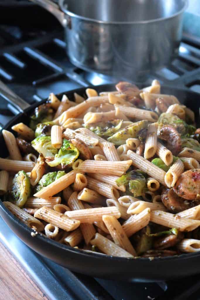 Pesto Pasta with Chicken Sausage & Roasted Brussels Sprouts.
