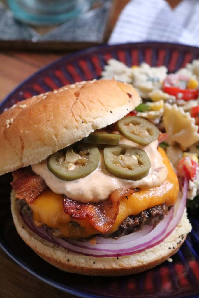 Bacon Jalapeno Burgers with Chipotle Sauce.