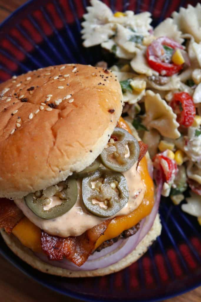 Cheeseburgers with Bacon, Jalapeno, and Chipotle Sauce.