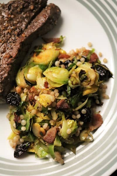 Brussels Sprouts with Bacon, Dried Cherries and Israeli Couscous #sidedish #thespiffycookie