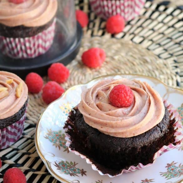 Gluten-Free Chocolate Almond Cupcakes with Raspberry Almond Butter Frosting