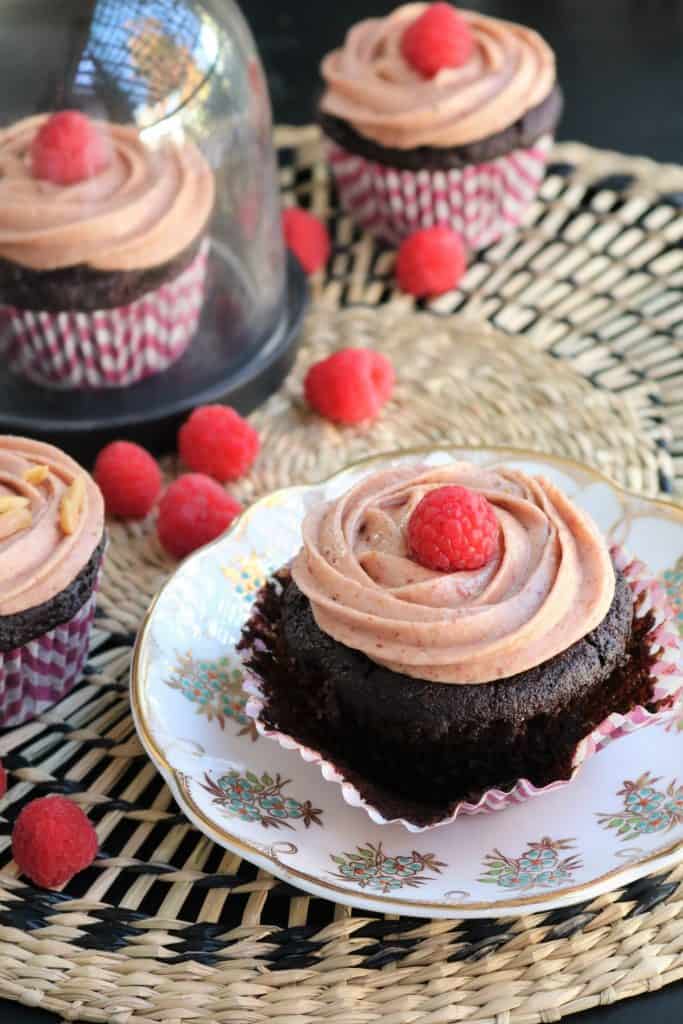 Gluten-Free Chocolate Almond Cupcakes with Raspberry Almond Butter Frosting