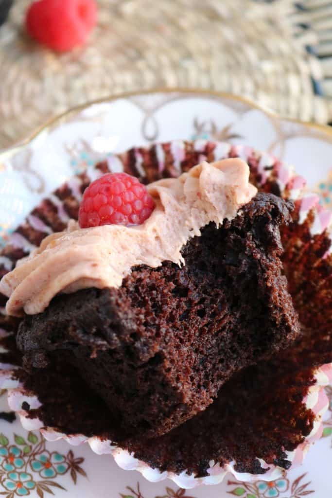 Vegan Gluten-Free Chocolate Almond Cupcakes with Raspberry Almond Butter Frosting.